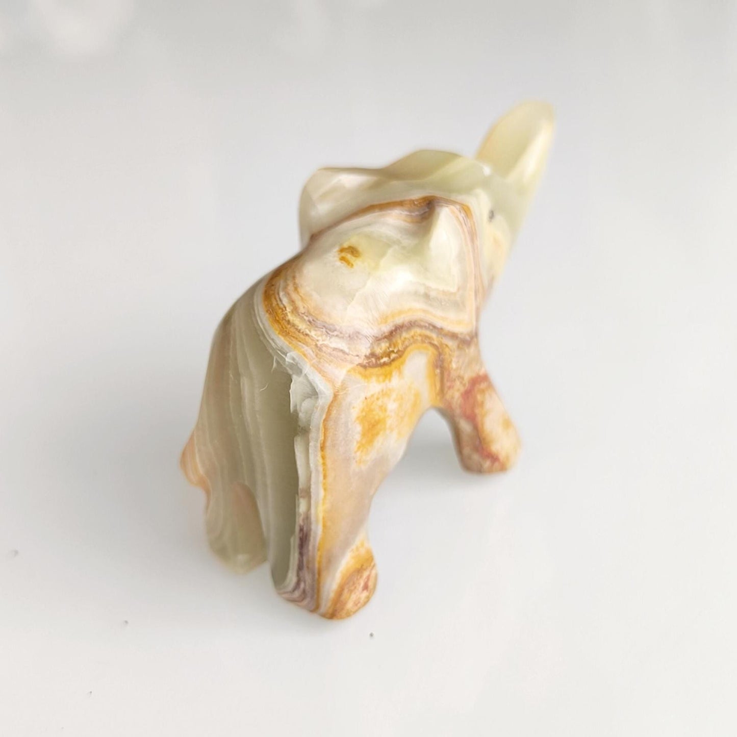 Handmade Small Striped Onyx Elephant Statue with Raised Trunk, 1990s