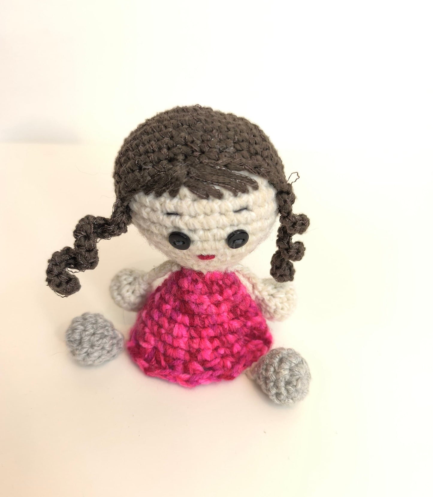 Handmade Knitted Doll, Girl with Dark Hair, Red Dress, Gray Shoes, Collectible Doll