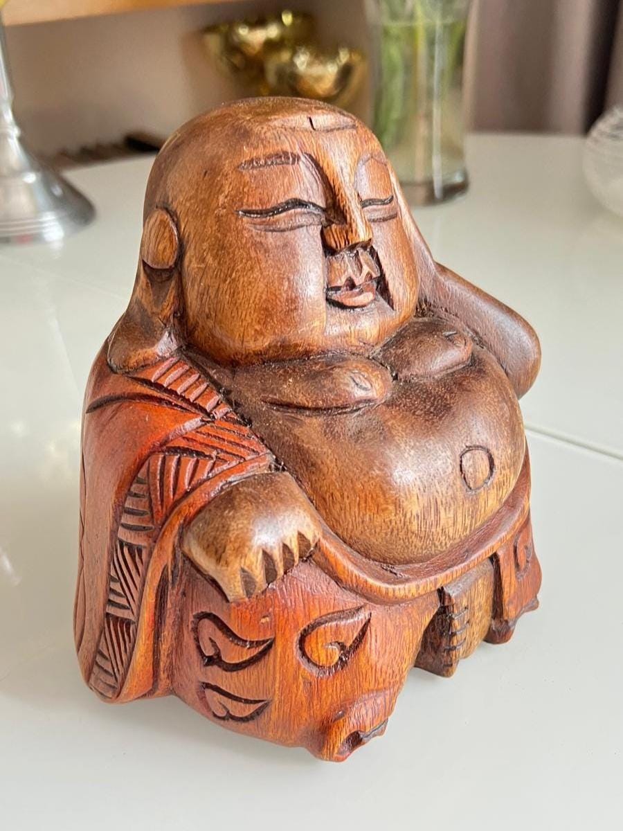 Brown Wood Sitting Buddha Hand-Carved Figurine 1980s