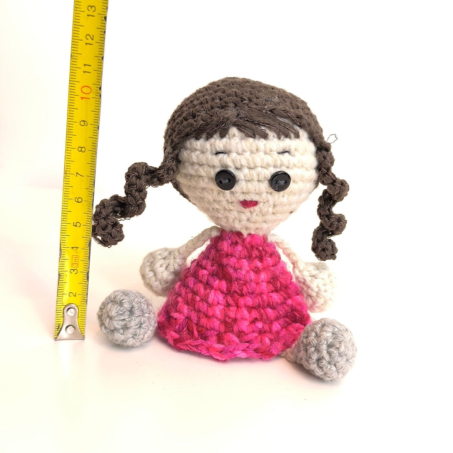 Handmade Knitted Doll, Girl with Dark Hair, Red Dress, Gray Shoes, Collectible Doll