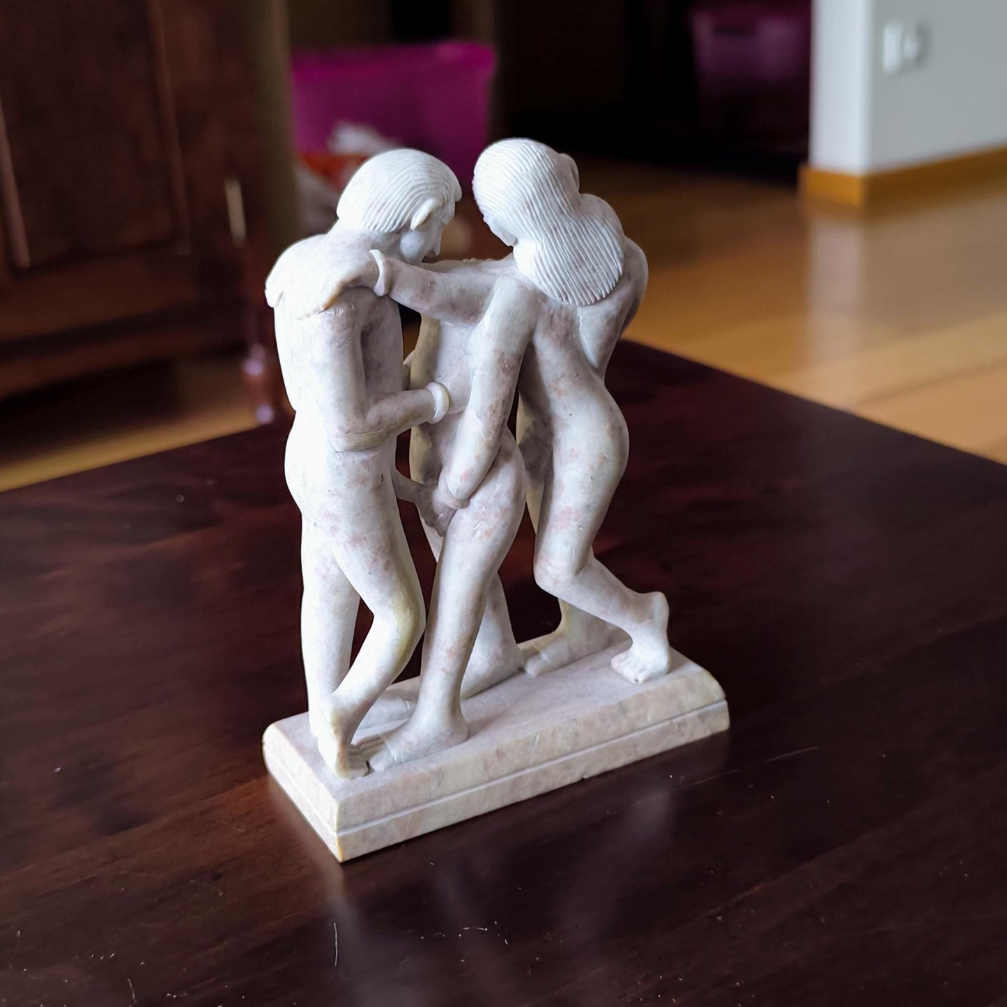 Light Stone Erotic Kamasutra Three People Statue, Handmade 1980