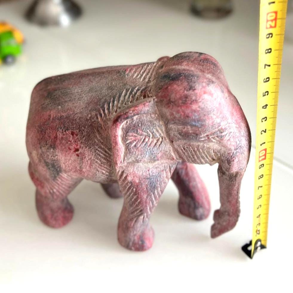 Carved Wooden Elephant Figurine Red Finish 1970s