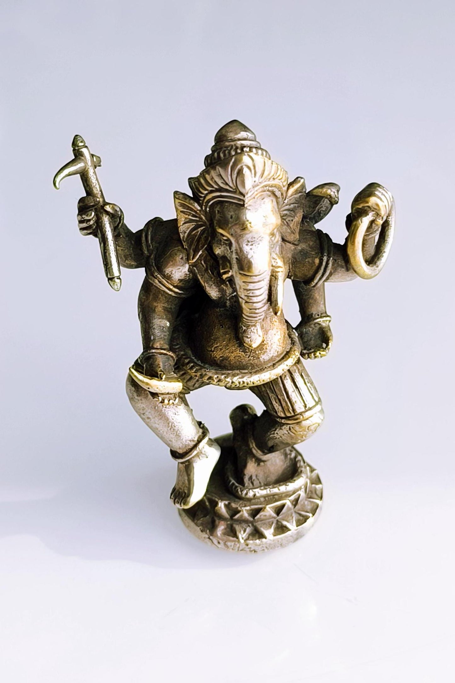 Small White Bronze Dancing Ganesha Statue, Gold & Silver Tone, Khmer Ganapati, 1980s