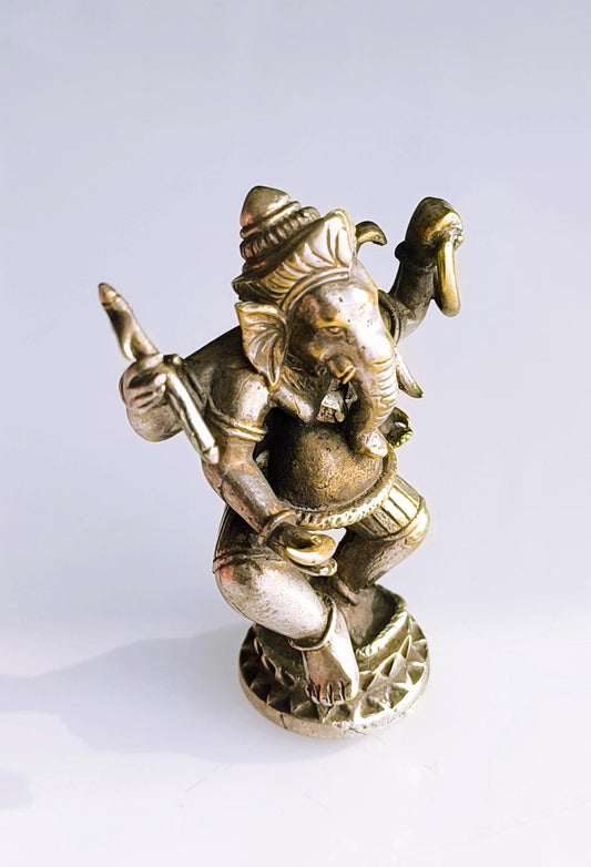 Small White Bronze Dancing Ganesha Statue, Gold & Silver Tone, Khmer Ganapati, 1980s