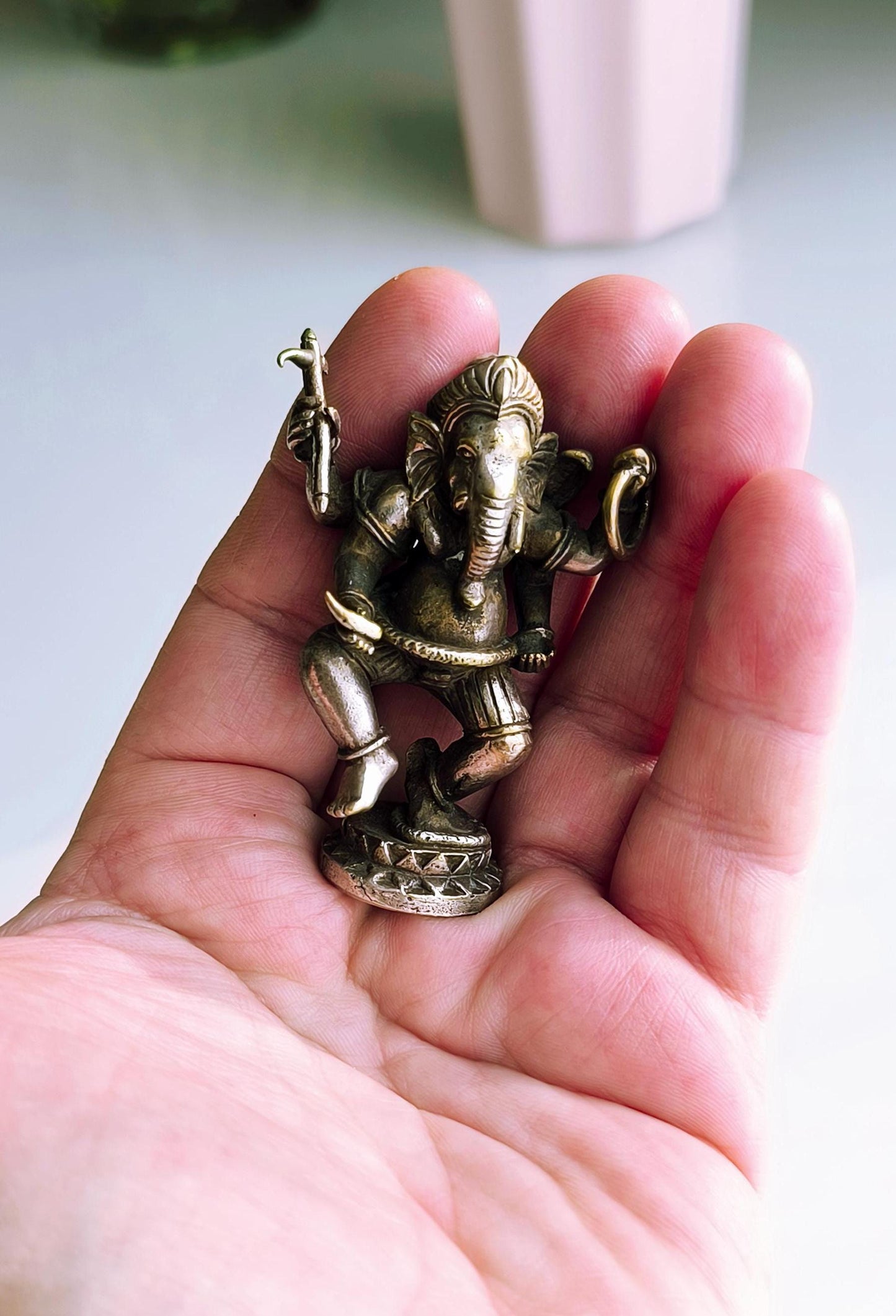 Small White Bronze Dancing Ganesha Statue, Gold & Silver Tone, Khmer Ganapati, 1980s