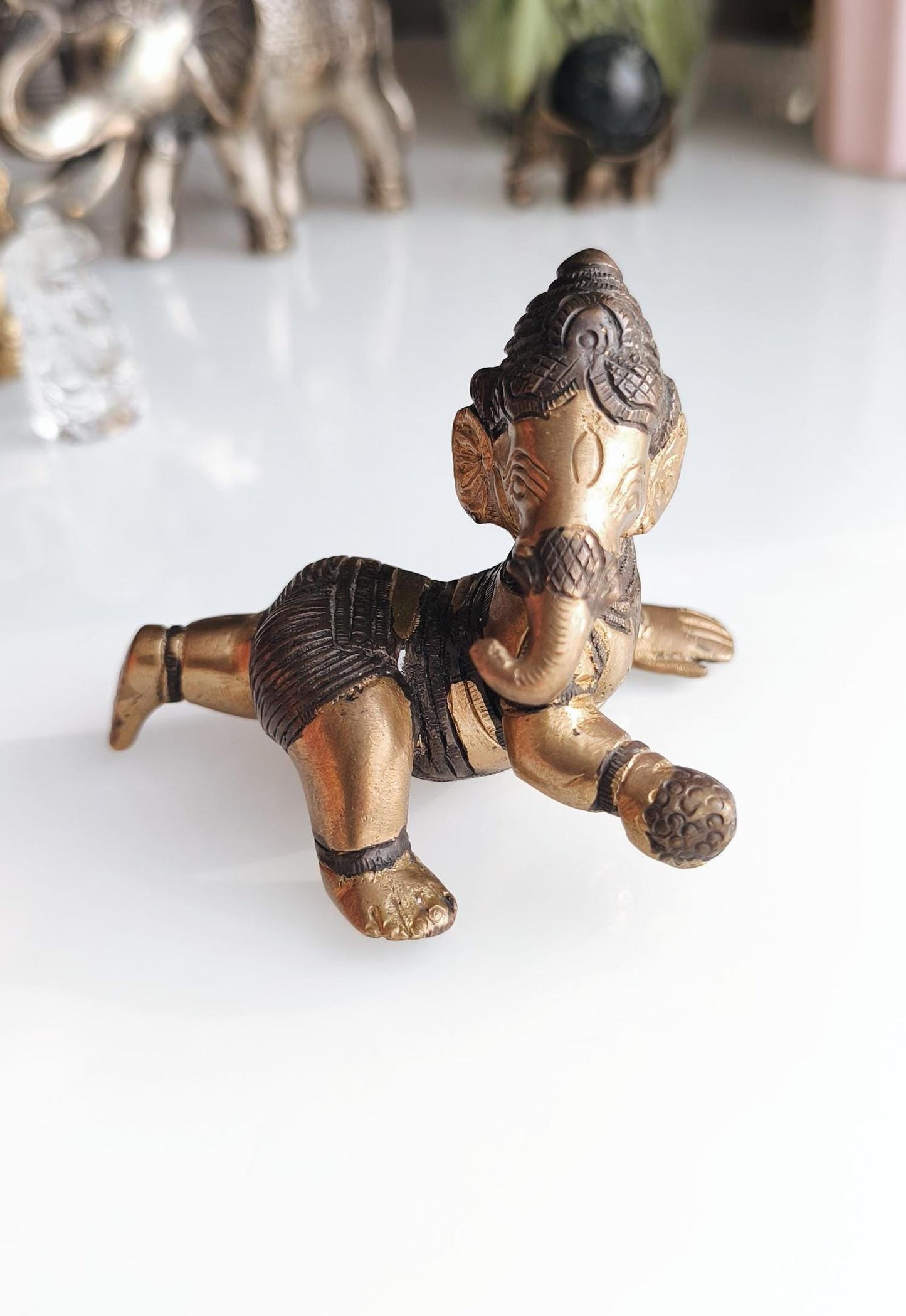 Baby Ganesha Bronze Statue Crawling Ganesha, Hindu Elephant God Statue, 1980s