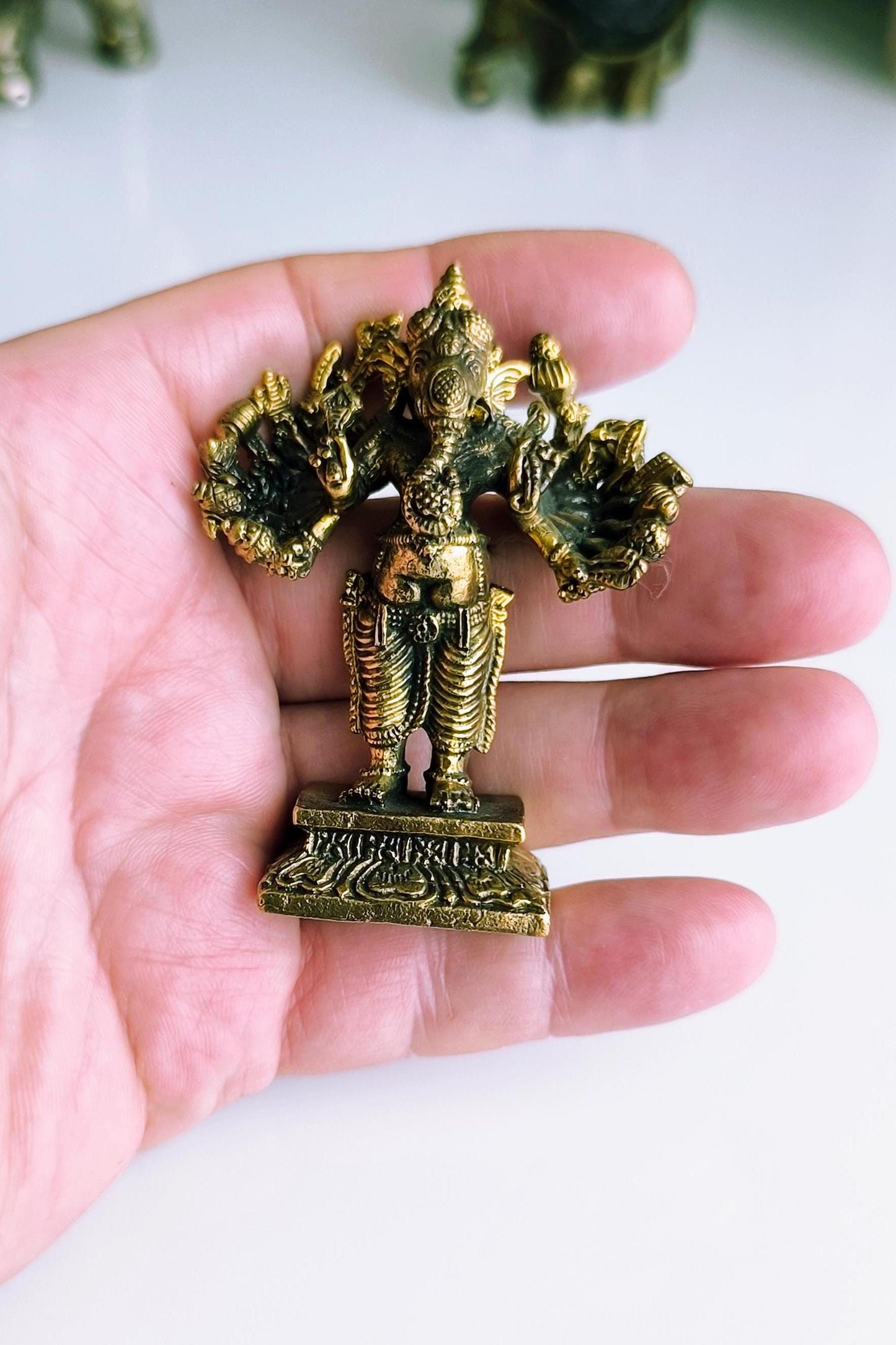 Small Gold Tone Bronze Dancing Ganesha Statue with Multiple Arms – Hindu Elephant God, 1970s