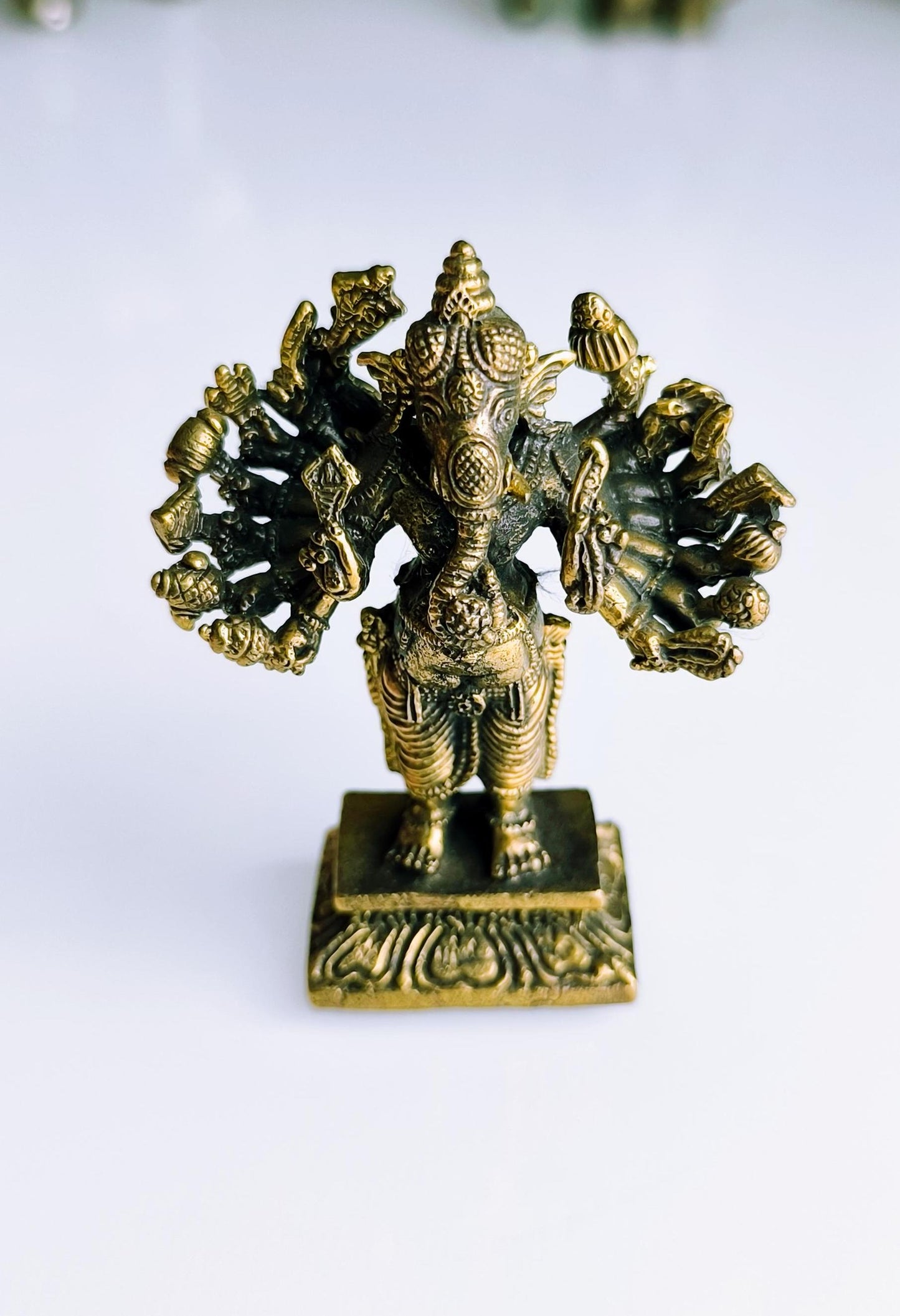 Small Gold Tone Bronze Dancing Ganesha Statue with Multiple Arms – Hindu Elephant God, 1970s