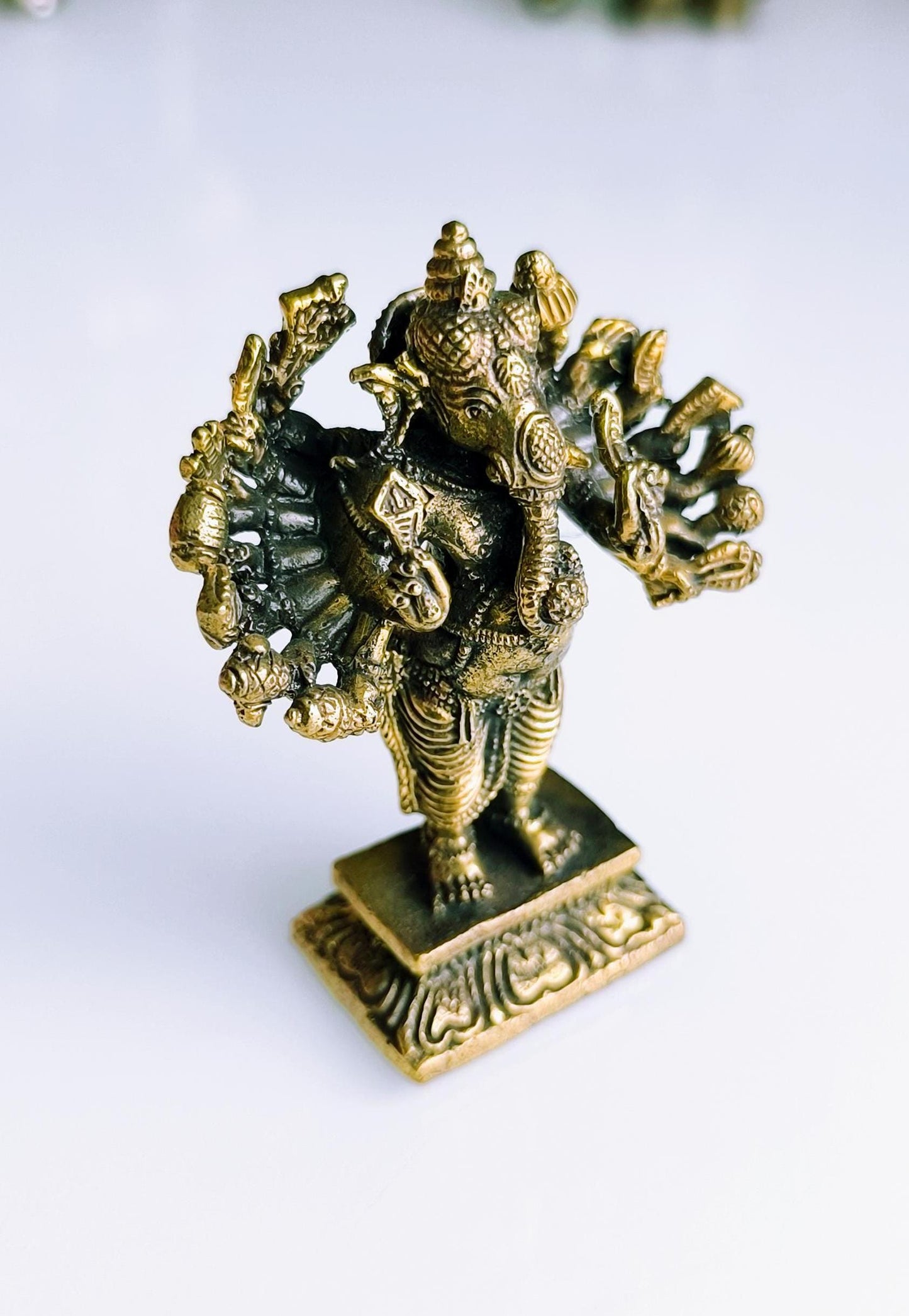 Small Gold Tone Bronze Dancing Ganesha Statue with Multiple Arms – Hindu Elephant God, 1970s