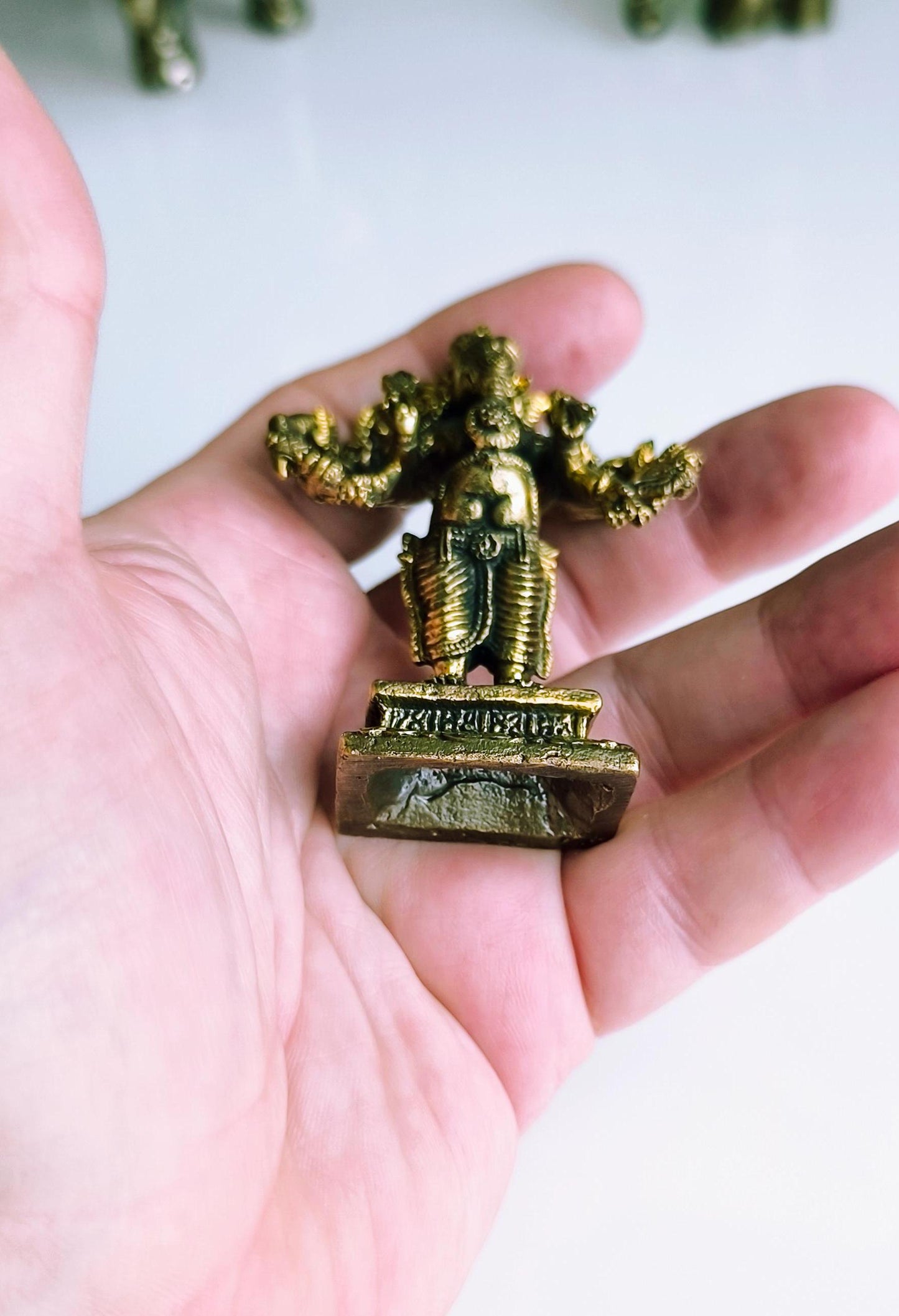 Small Gold Tone Bronze Dancing Ganesha Statue with Multiple Arms – Hindu Elephant God, 1970s