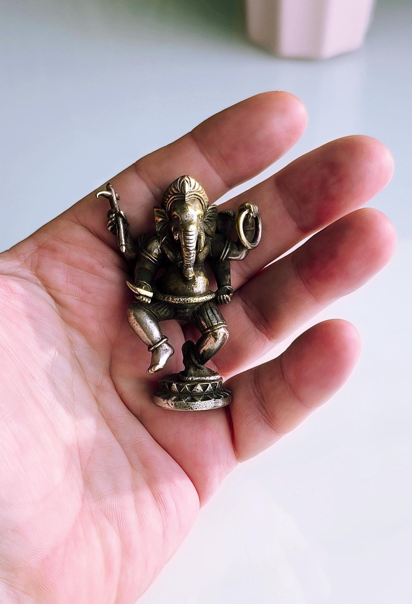 Small White Bronze Dancing Ganesha Statue, Gold & Silver Tone, Khmer Ganapati, 1980s