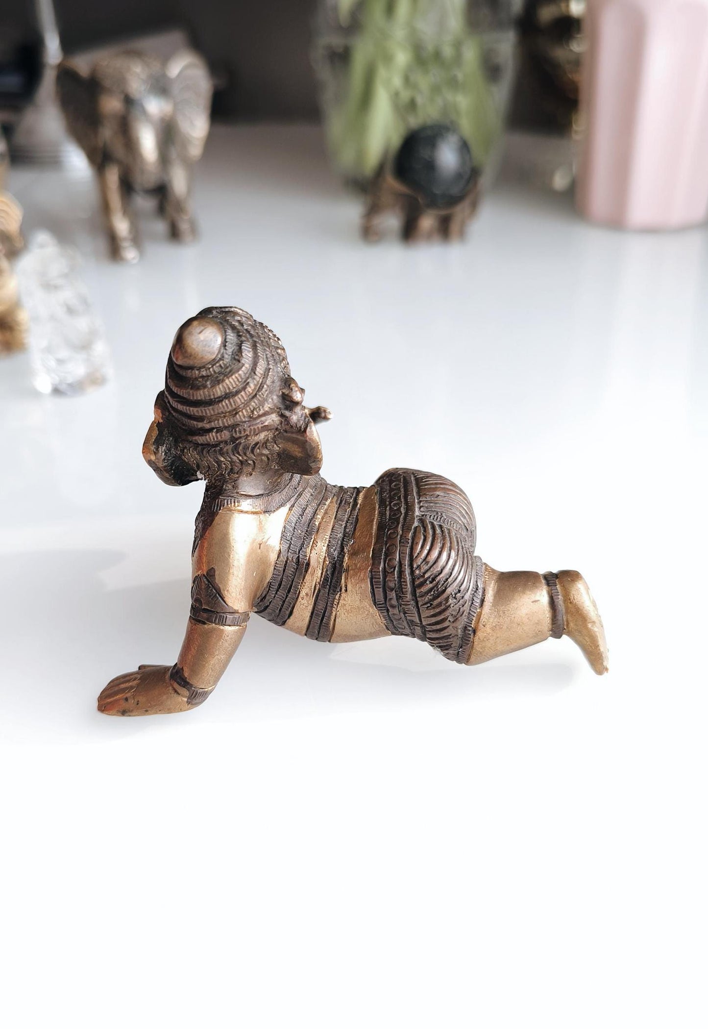 Baby Ganesha Bronze Statue Crawling Ganesha, Hindu Elephant God Statue, 1980s