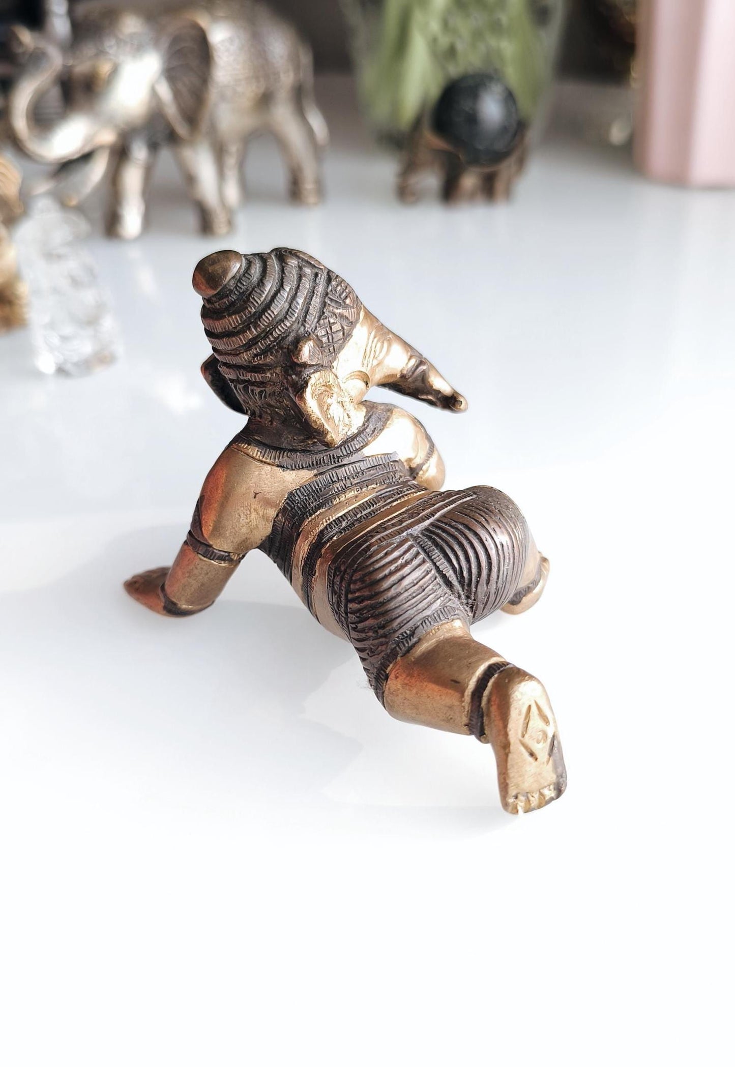 Baby Ganesha Bronze Statue Crawling Ganesha, Hindu Elephant God Statue, 1980s