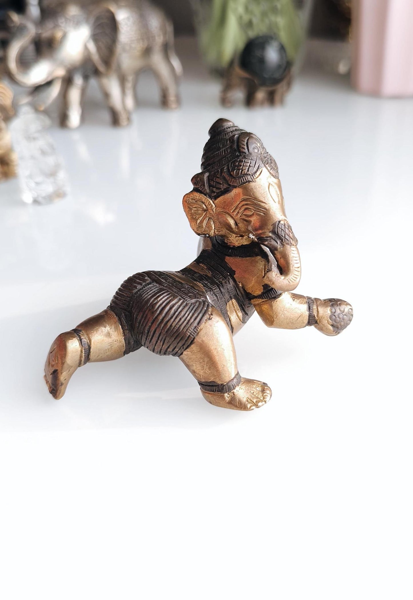 Baby Ganesha Bronze Statue Crawling Ganesha, Hindu Elephant God Statue, 1980s