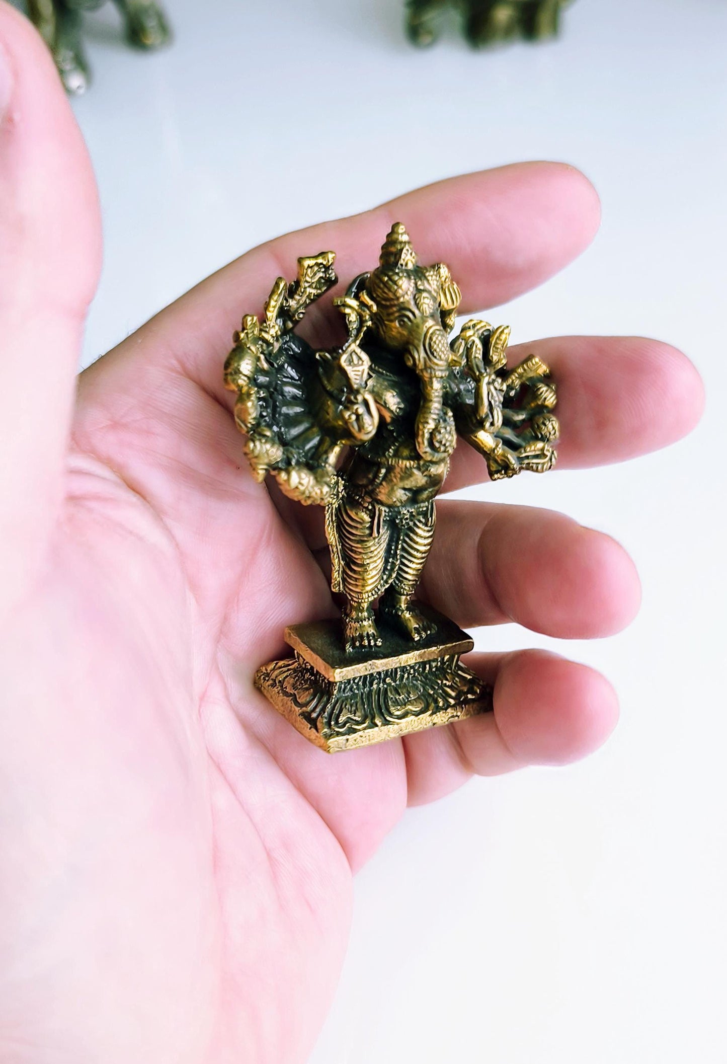Small Gold Tone Bronze Dancing Ganesha Statue with Multiple Arms – Hindu Elephant God, 1970s