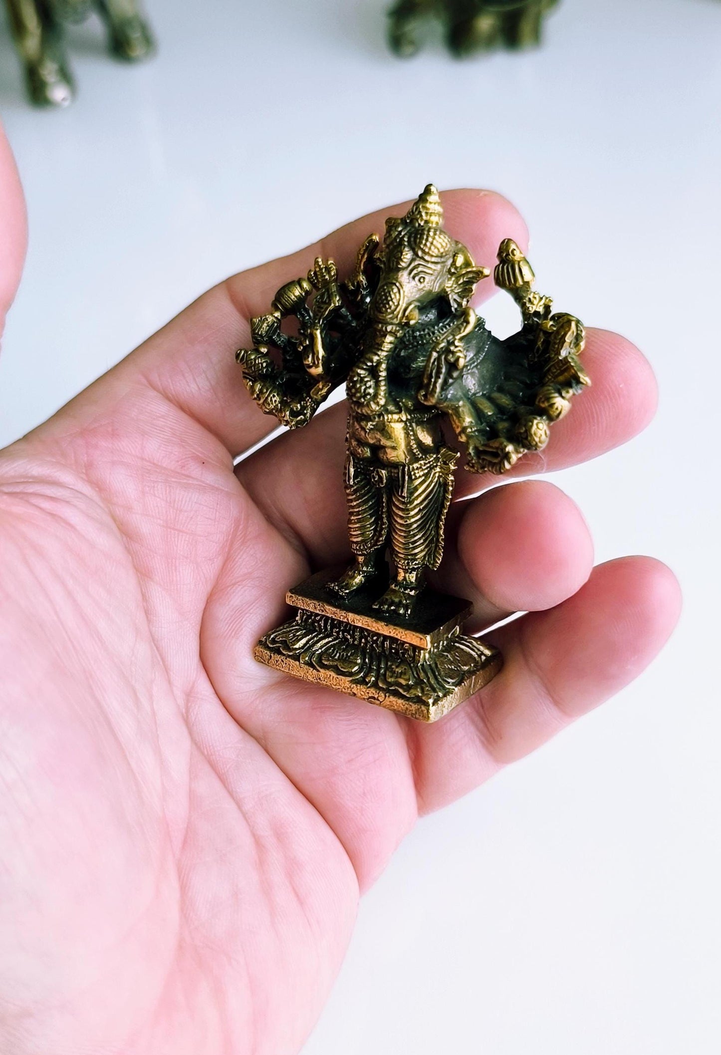 Small Gold Tone Bronze Dancing Ganesha Statue with Multiple Arms – Hindu Elephant God, 1970s