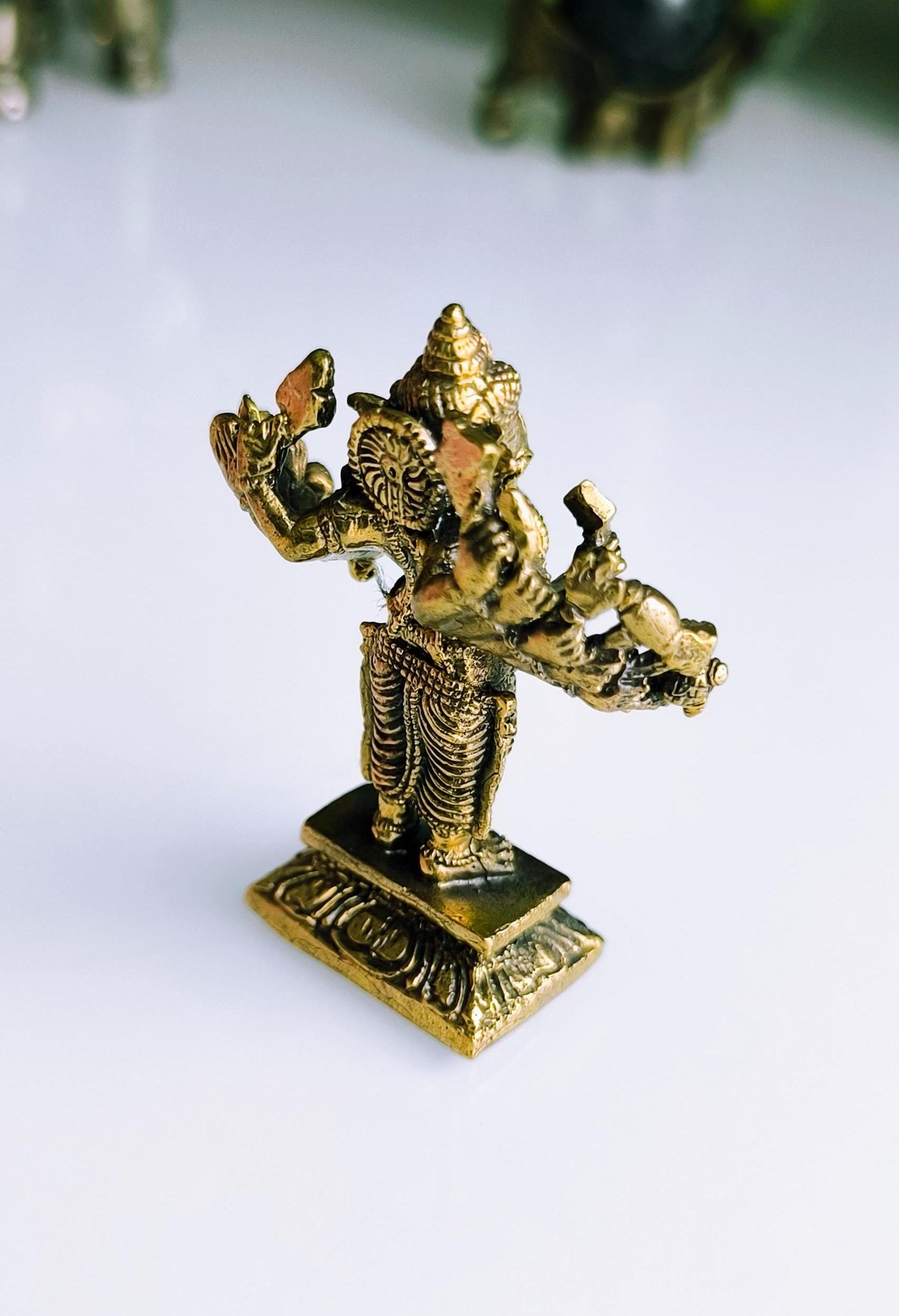 Small Gold Tone Bronze Dancing Ganesha Statue with Multiple Arms – Hindu Elephant God, 1970s
