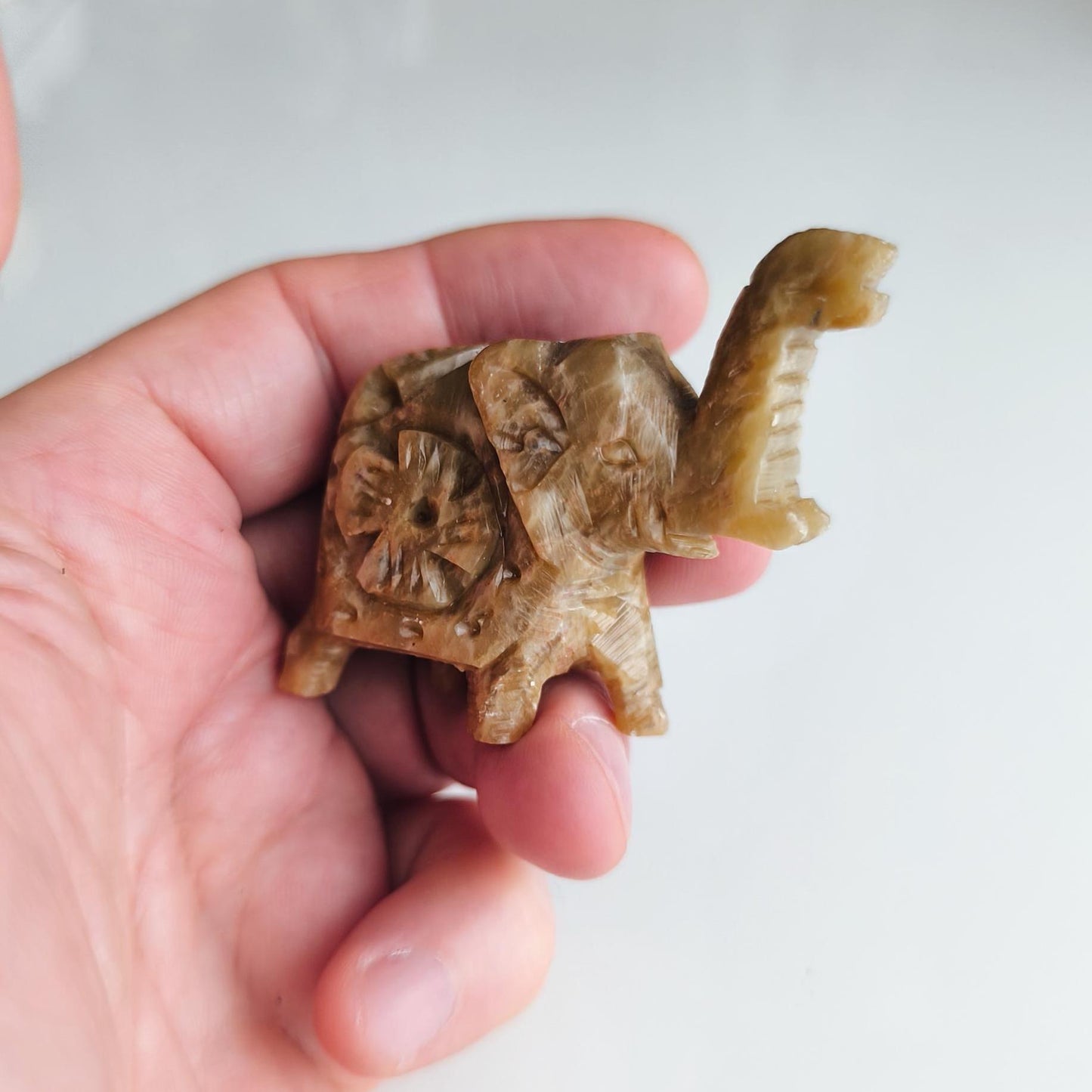 Small Khaki Stone Elephant Raised Trunk Asian Handmade 2000s