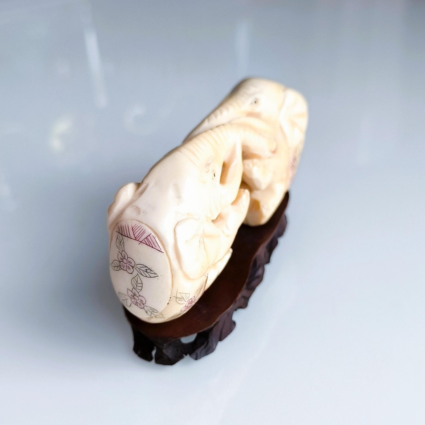 White Stone Two Elephants Sculpture On A Wooden Base, Handmade from 1960s