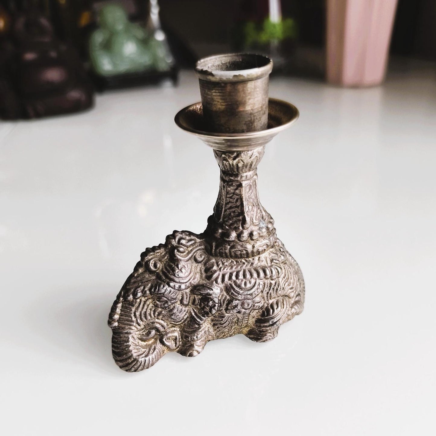 Silver Tone Elephant figurine Candle Holder, Handmade Pewter candlestick 1970s