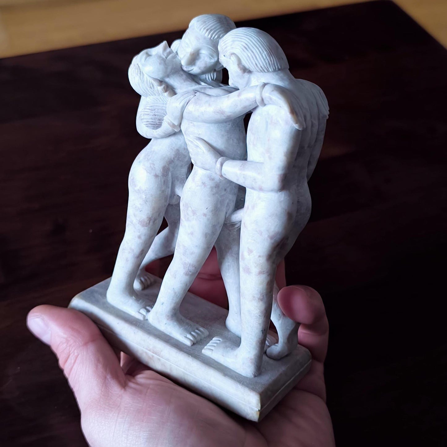 Light Stone Erotic Kamasutra Three People Statue, Handmade 1980