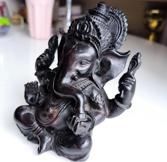 Vintage 12 cm Black Resin Ganesha Statue, Hindu Elephant God Figurine, 1990s